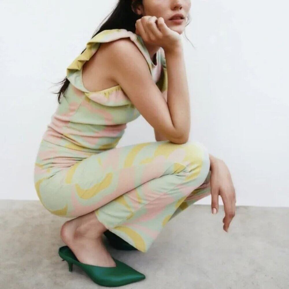 ZARA Pastel Retro Jacquard Flare Pants - Picture 2 of 8
